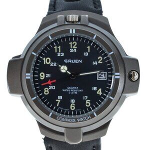 RARE Vintage Gruen 41mm Men's Quartz Gun Metal Compass Watch! Ref: 241-Y142A!